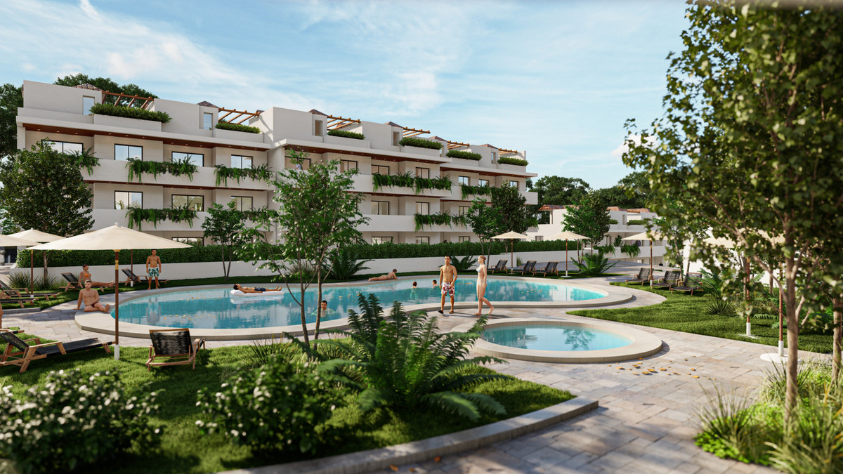 Coral Mijas Residencial – outdoor communal pool and landscaped gardens with sunbeds, umbrellas and modern white apartment building