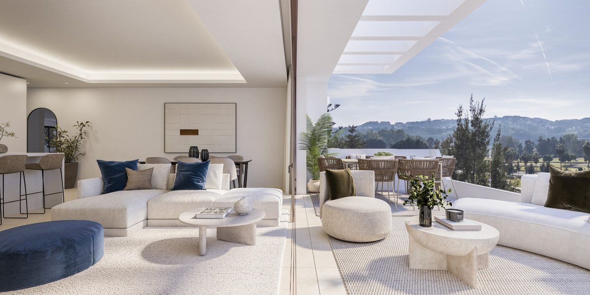 Helvet Green – Mijas - open-plan living room flowing onto a terrace with panoramic mountain and golf course views