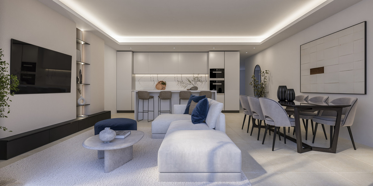 Helvet Green – Mijas - open-plan living, dining and kitchen area with cove lighting and neutral tones