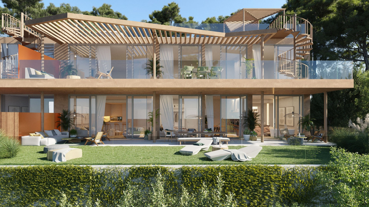 16+ Collection – Mijas - luxury two-storey villa exterior with floor-to-ceiling glazing, wooden pergola, terrace and landscaped garden