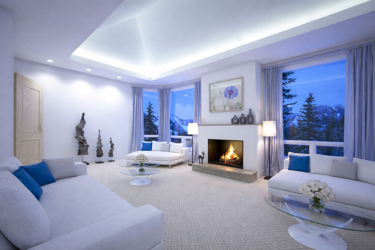Agua – Bel Air - luxury living room with fireplace, white sofas, blue accent cushions and mountain views
