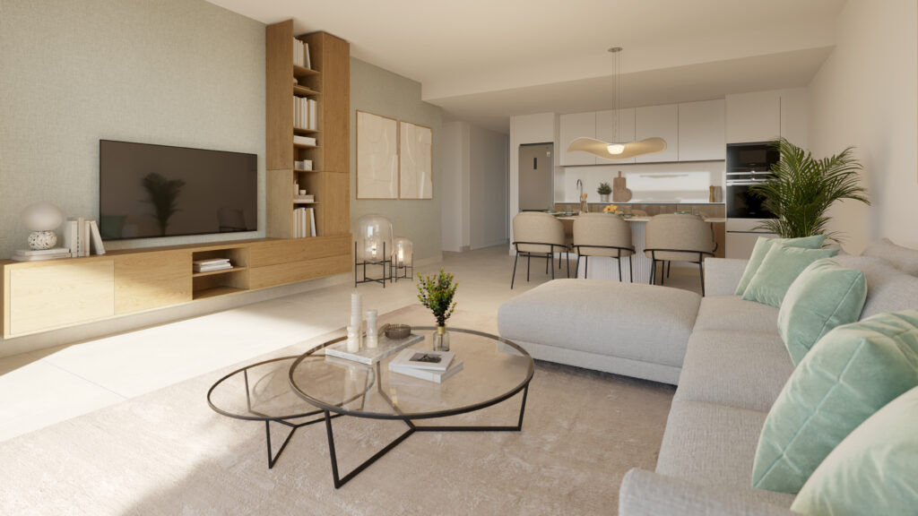 Aire – Cancelada - bright open-plan living room with sectional sofa, glass coffee table, wood shelving unit and modern kitchen beyond