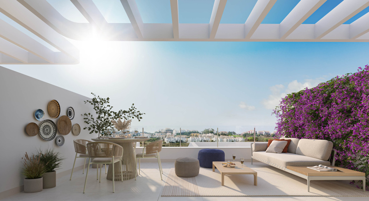 Bahia – La Cala de Mijas - sunny rooftop terrace with outdoor dining, lounge seating, bougainvillea and panoramic village views