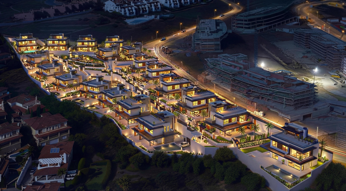 Bali Villas – La Cala de Mijas - aerial night view of illuminated luxury villa development with palm trees and construction nearby