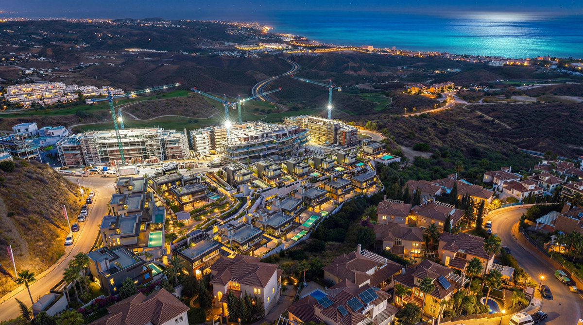 Bali Villas – La Cala de Mijas - aerial night view of luxury new-build villas and construction site with sea views