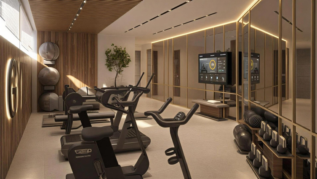 Bali Villas – La Cala de Mijas - luxury private gym with cardio machines, kettlebells and gold-framed mirrored wall
