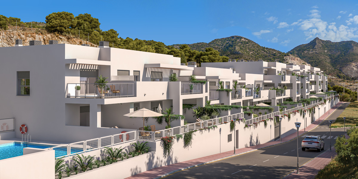 Blossom Benalmadena Fase II – Benalmadena - modern white exterior facade with communal pool, terraces and mountain backdrop