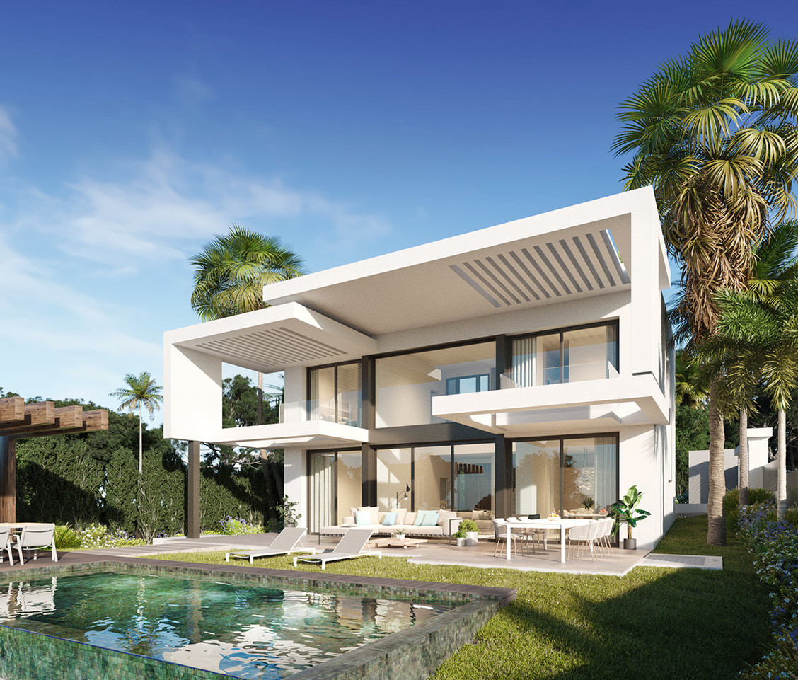 Buena Vista Hills – Mijas - modern white two-storey villa exterior with pool, terrace, sun loungers and palm trees