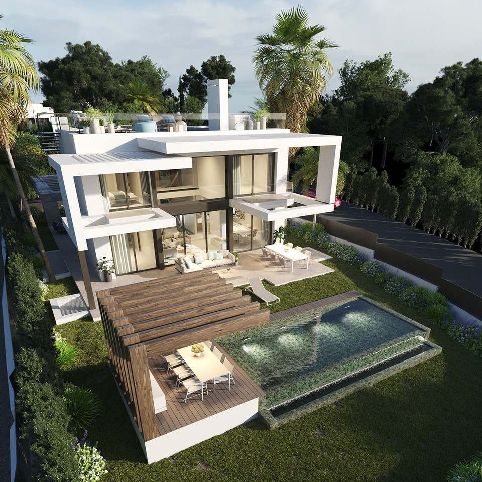 Buena Vista Hills – Mijas - aerial view of modern white villa with pool, wooden deck, and lush garden
