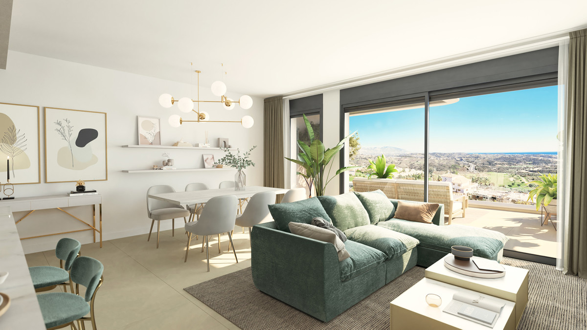 Calanova Collection – Mijas - bright open-plan living and dining room with green sofa, large terrace and panoramic coastal views