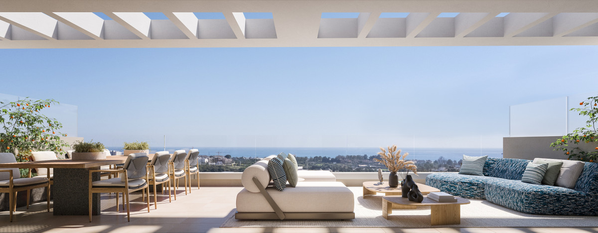 Capri – Fase 3 – Estepona - luxury terrace with outdoor lounge, dining area and panoramic sea views