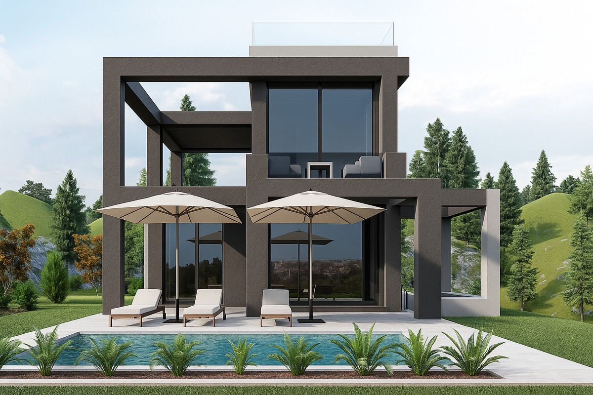 Cerrado Heights – Mijas Costa - modern dark exterior facade with rooftop terrace, pool, sun loungers and umbrellas set against green hillside
