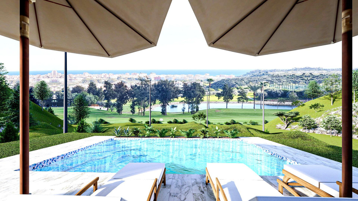 Cerrado Heights – Mijas Costa - private pool terrace with sun loungers overlooking golf course and sea views