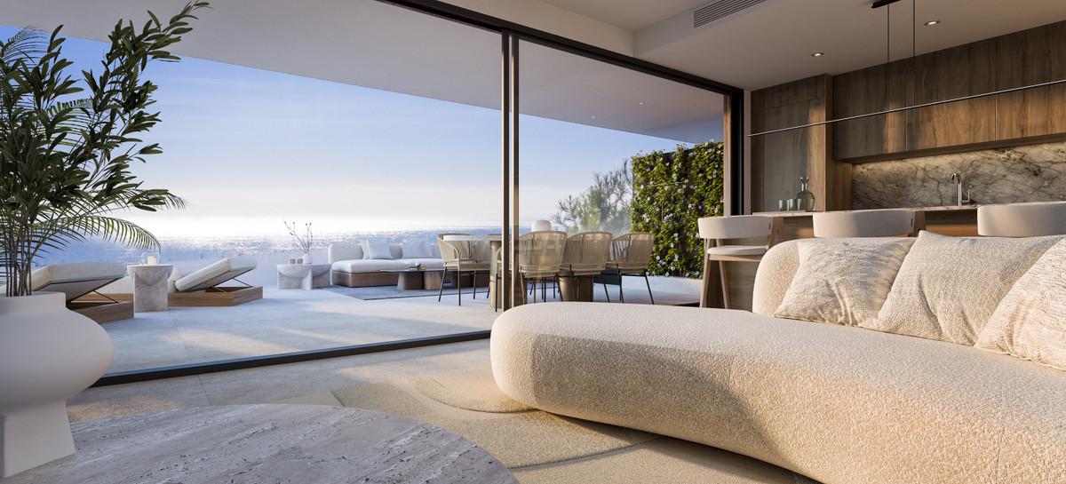 CORE HIGUERON Fase II – Fuengirola - open-plan living room with floor-to-ceiling sliding doors opening to a terrace with panoramic sea views