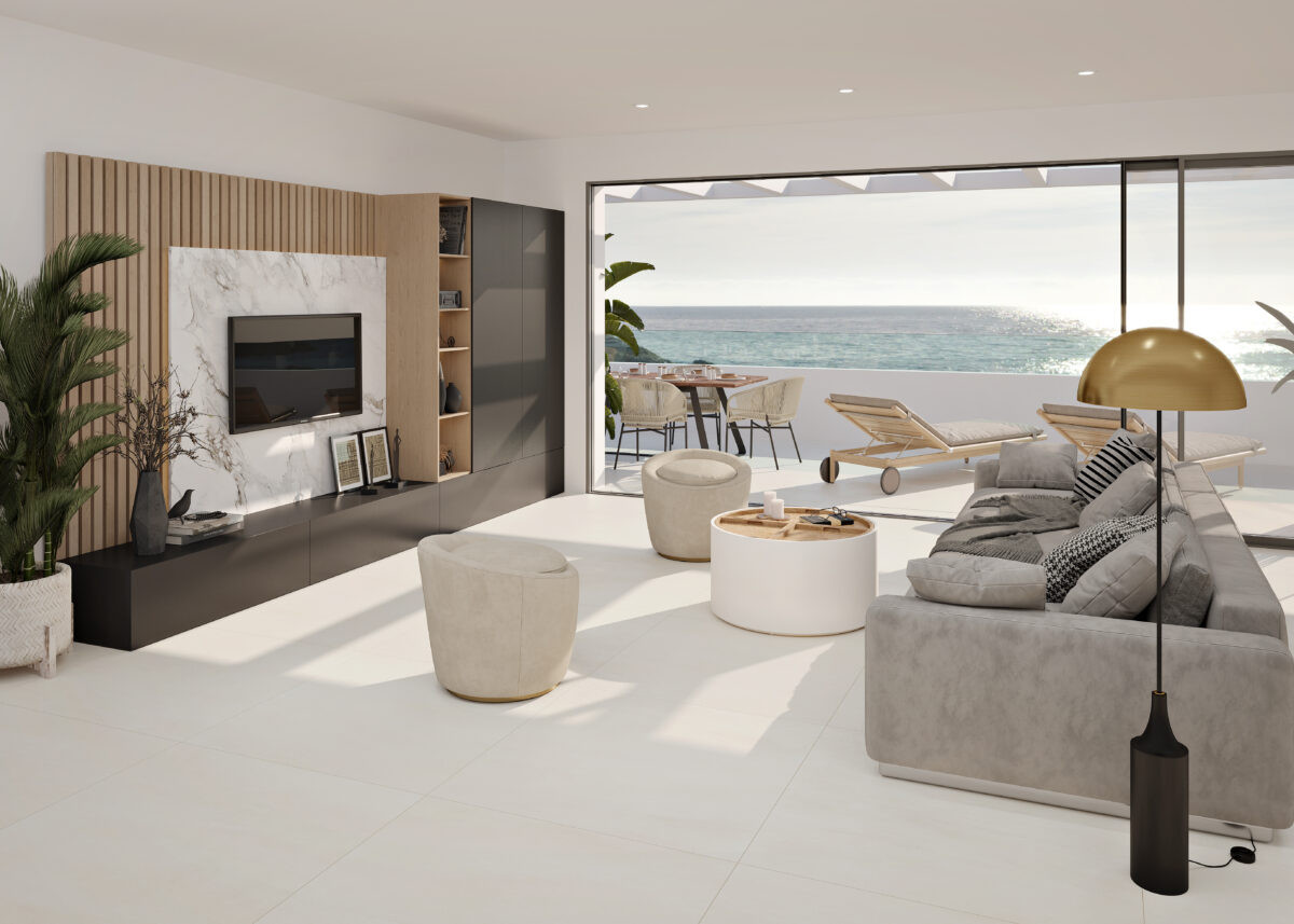 Costafiore Gardens – Fase 1 – Estepona - luxury open-plan living room with sea views and terrace