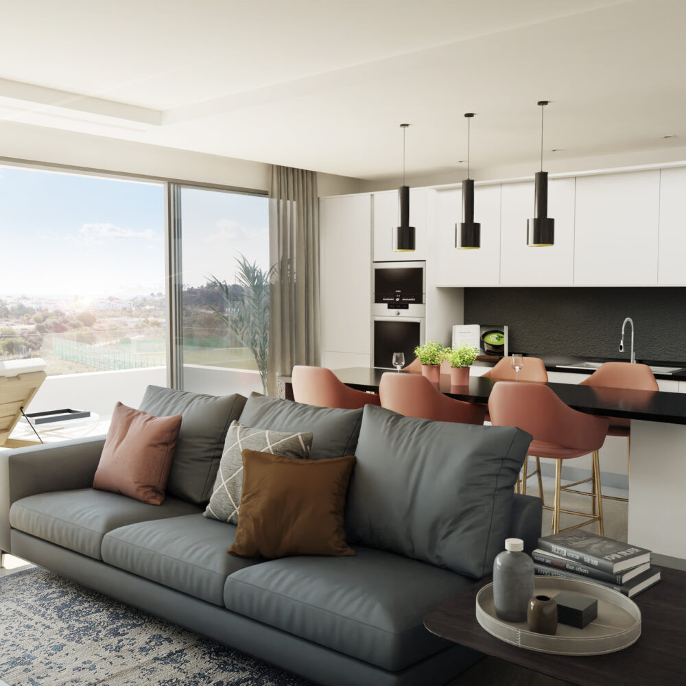 Costafiore Gardens – Fase 1 – Estepona - open-plan living room and kitchen with grey sofa, terracotta bar stools and panoramic views