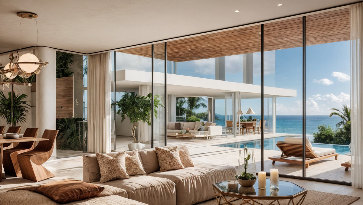 Elara Residences – La Cala de Mijas - open-plan living area with floor-to-ceiling glass, outdoor pool and panoramic sea views