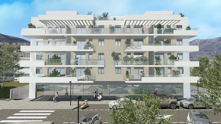 Electus – Las Lagunas - modern white luxury residential building exterior with wraparound terraces and rooftop in Málaga