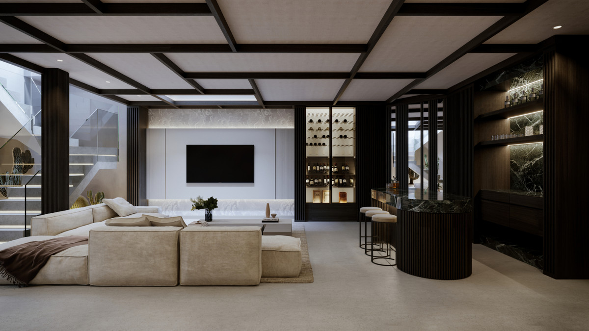 Golden Eight – Marbella - luxury living room with coffered ceiling, sectional sofa, wine display and dark bar area
