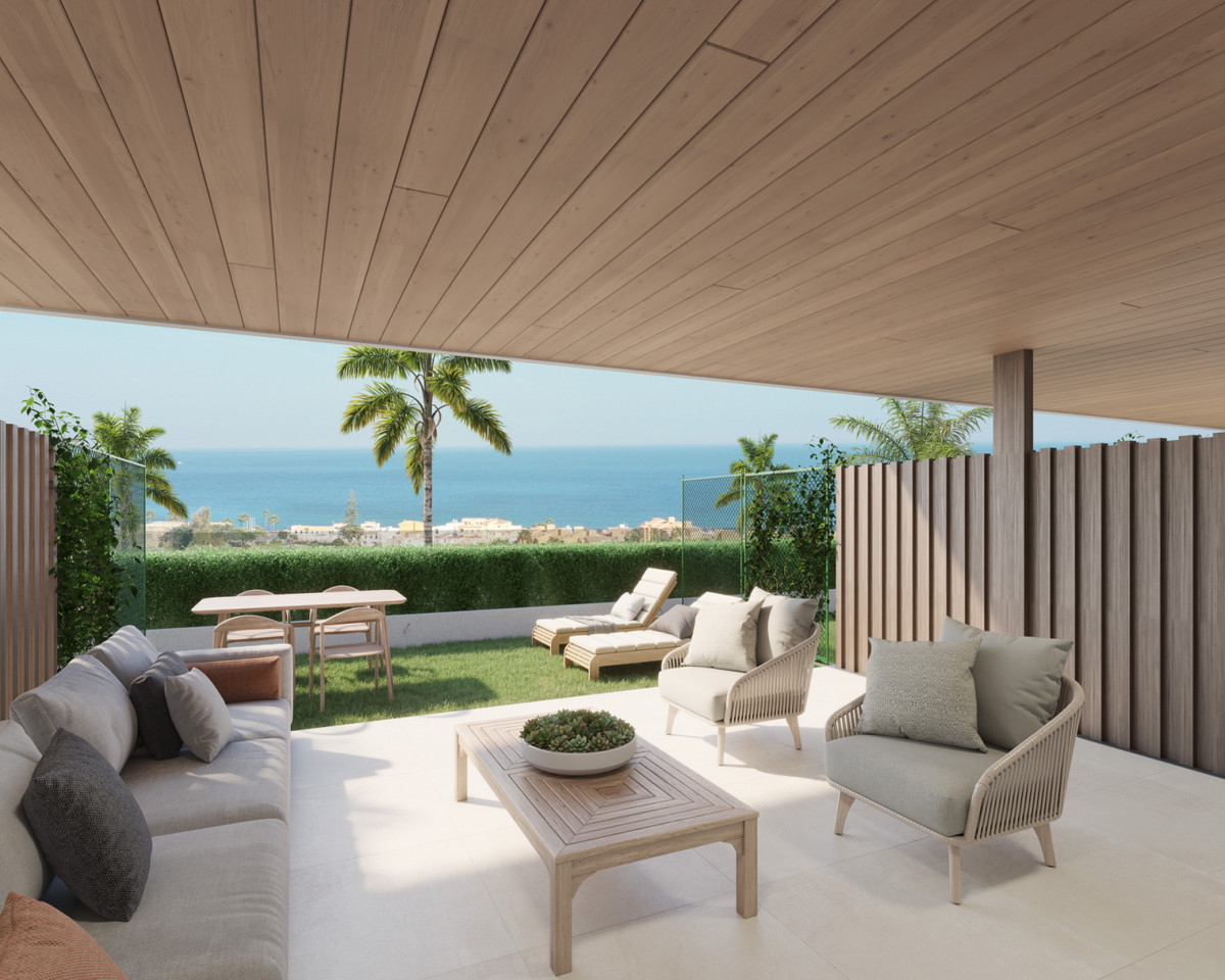 HORIZON VIEWS – Manilva - covered terrace with outdoor lounge seating, garden and Mediterranean sea views