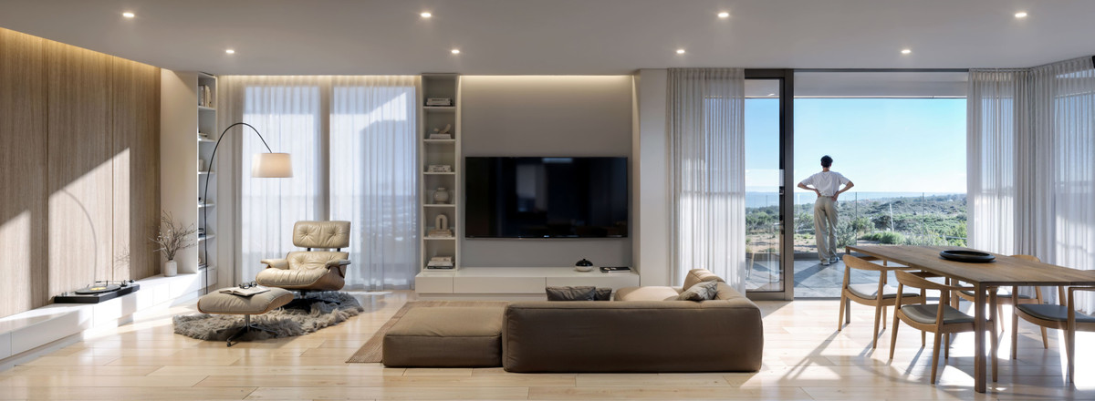 Luxury Golf – Mijas - open-plan living room with large sofa, Eames lounge chair, wall-mounted TV, and panoramic terrace views