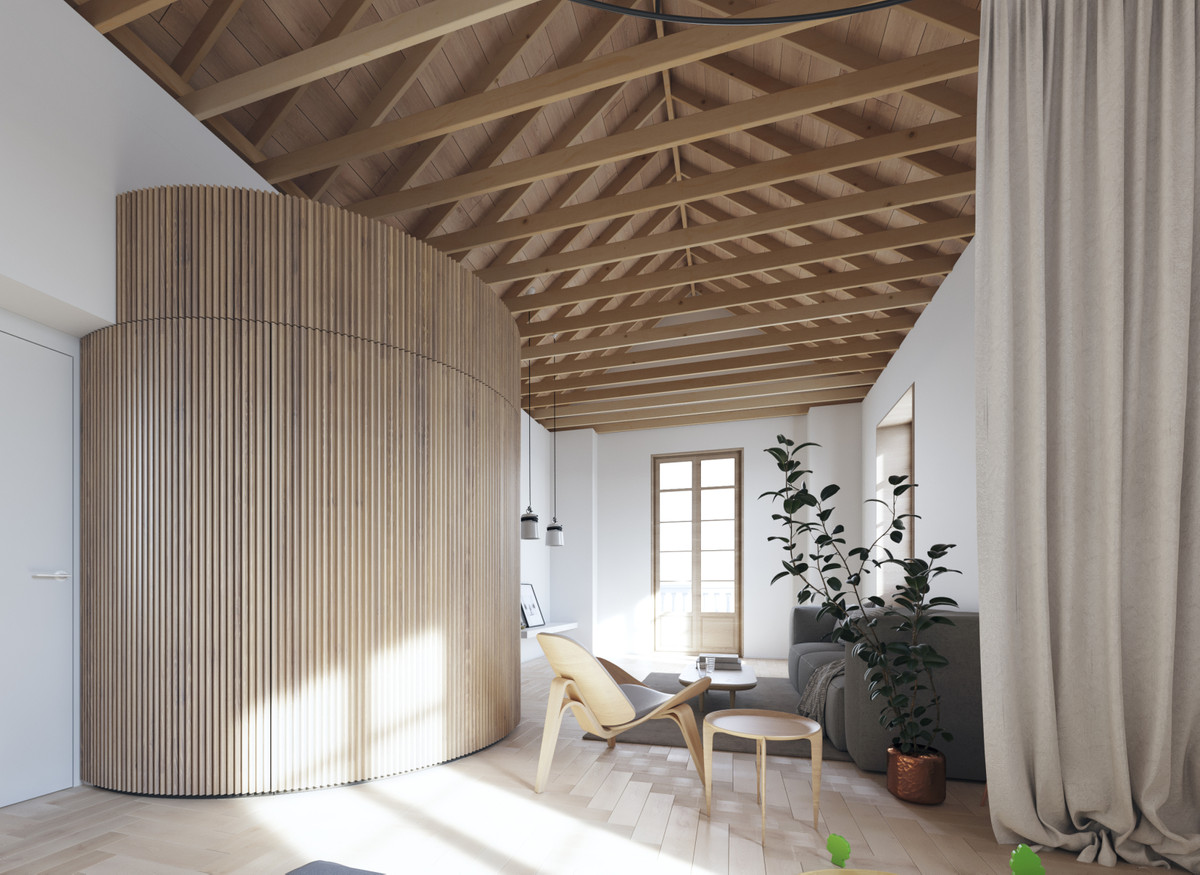 Luxy Sancha – Málaga Este - curved wood-slat partition, exposed timber roof trusses and bright open living area