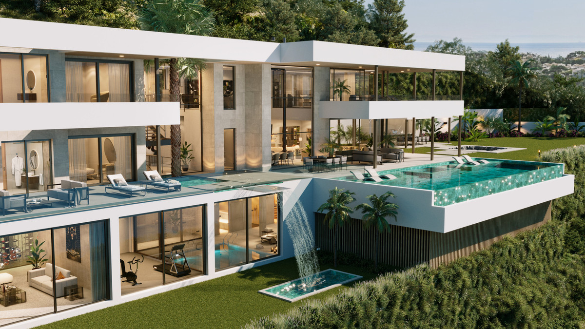 Madroñal View – Villa Hope – El Madroñal - luxury modern villa exterior with infinity pool, waterfall feature, terraces and lush gardens
