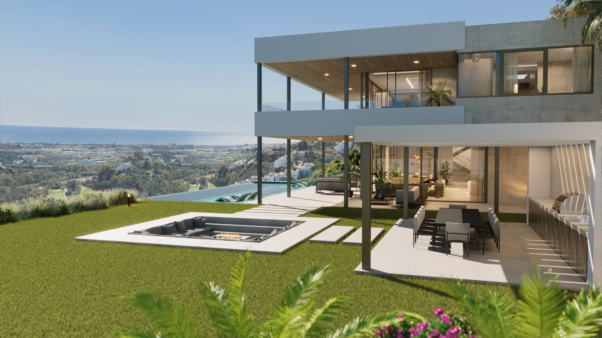 Madroñal View – Villa Hope – El Madroñal - modern luxury villa exterior with infinity pool, sunken lounge, terrace dining and panoramic sea views