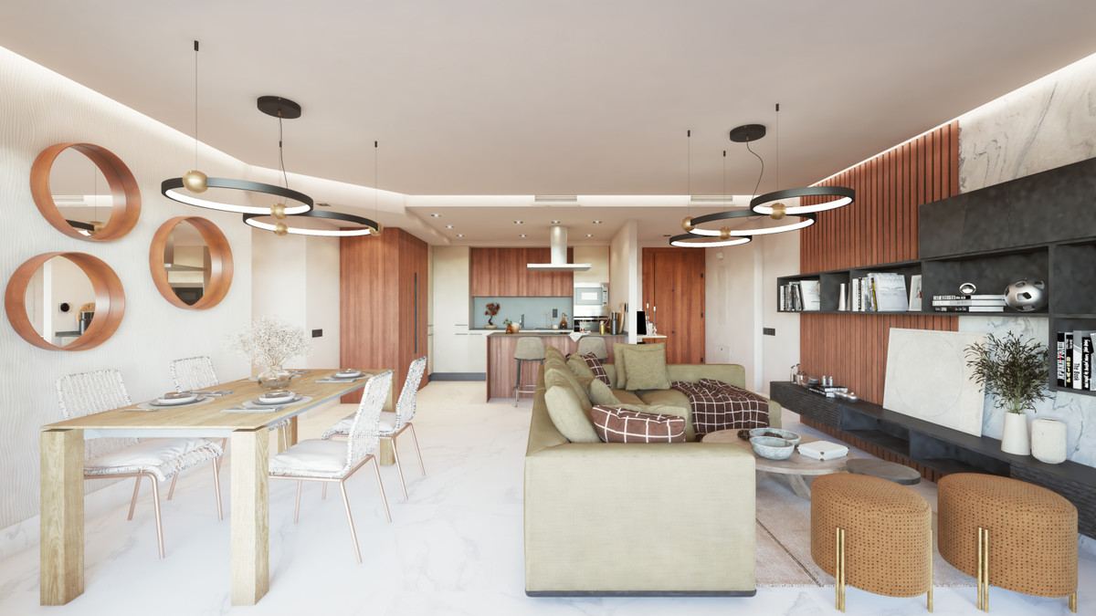 Mare – San Pedro de Alcántara – open-plan living and dining area with pendant lighting and kitchen beyond