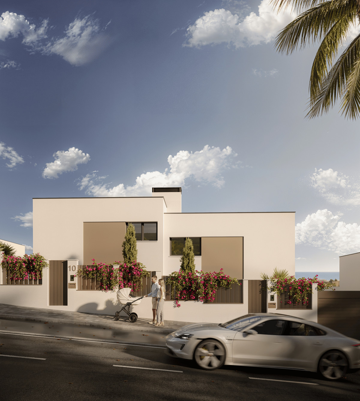 Martagina Hills – Manilva - modern white cubic facade with bougainvillea, street view with couple and pram