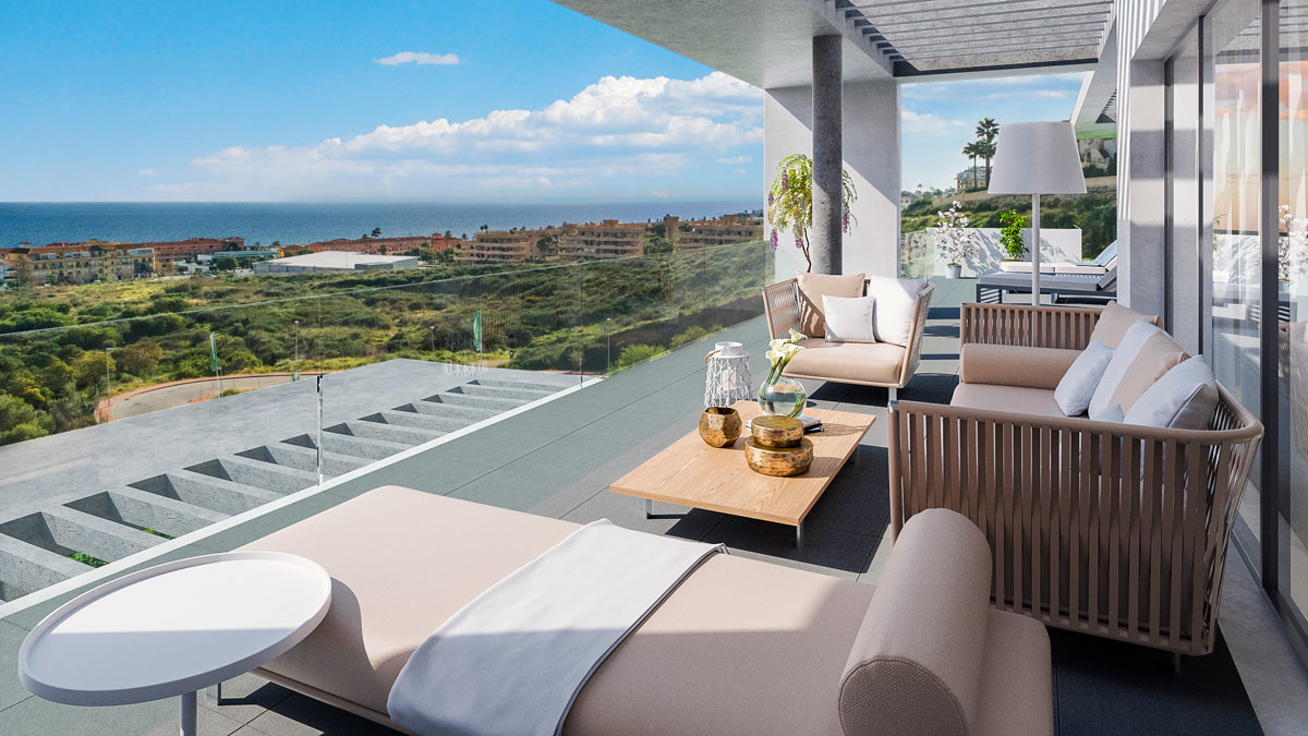 Navigolf Suites – La Cala de Mijas - luxury terrace with outdoor lounge seating and panoramic sea views
