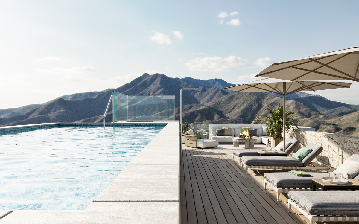 Ocean View Marbella – Ojén - infinity pool terrace with sun loungers, fire pit lounge and mountain views