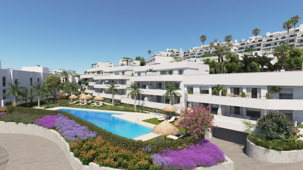 OCEANA GARDENS II – Cancelada - luxury white residential complex with pool, lush gardens, palm trees and colourful flowering borders