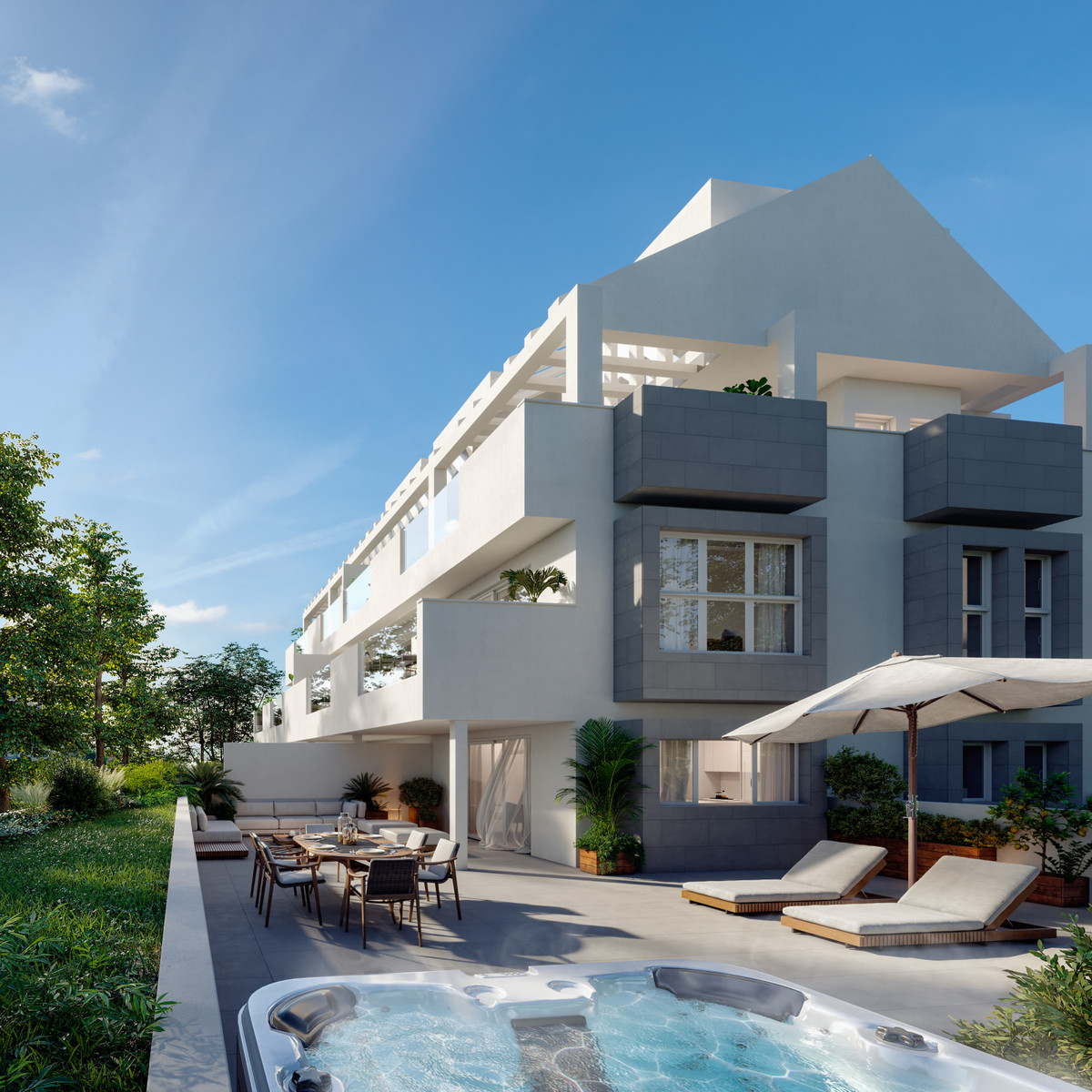 Stella 8 – Benalmadena Costa - modern exterior with private terrace, sun loungers, outdoor dining area and hot tub