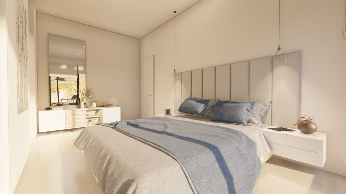 Top Views – Benalmadena - luxury master bedroom with upholstered headboard, blue bedding and pendant lights