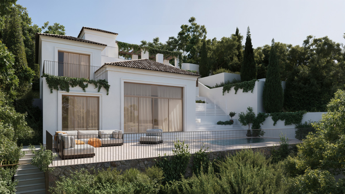 Verdana Villas – Marbella - white Mediterranean villa exterior with terrace, outdoor seating, pool and lush garden