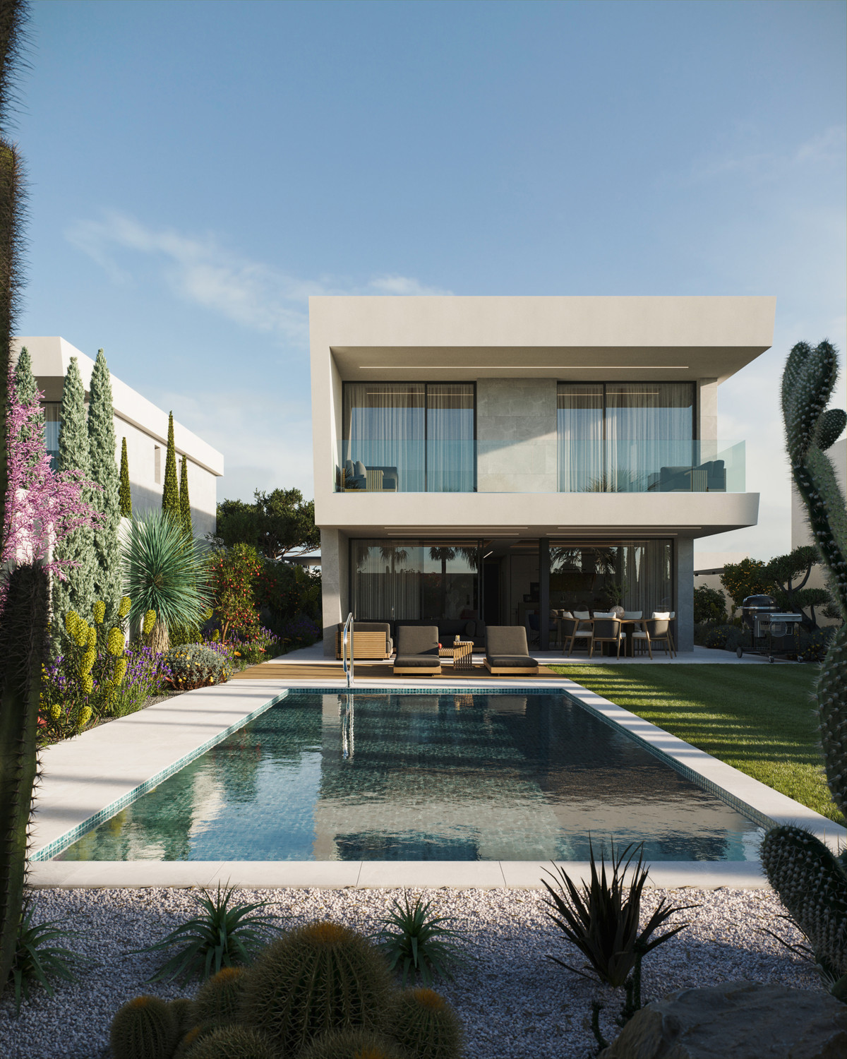 Villa B San Pedro – San Pedro de Alcántara - modern two-storey exterior with rectangular pool, cactus garden and sun loungers