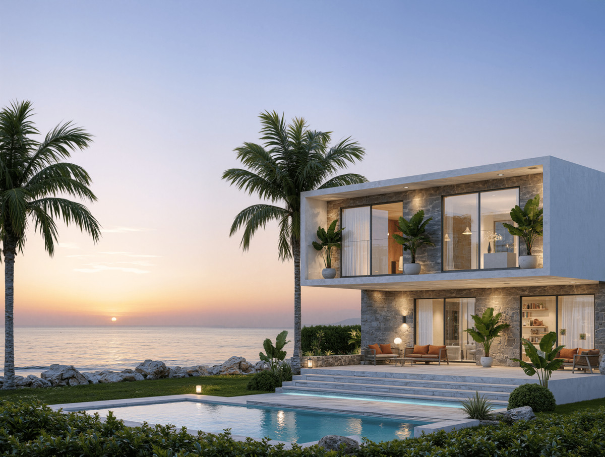 Villa Colombia – Casares - modern two-storey seafront villa with pool, stone facade, palm trees and sunset sea views