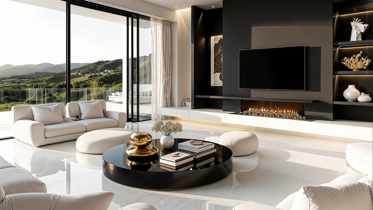 Villa Daniella – La Cala Golf - luxury living room with fireplace, wall-mounted TV, round black coffee table and panoramic hill views