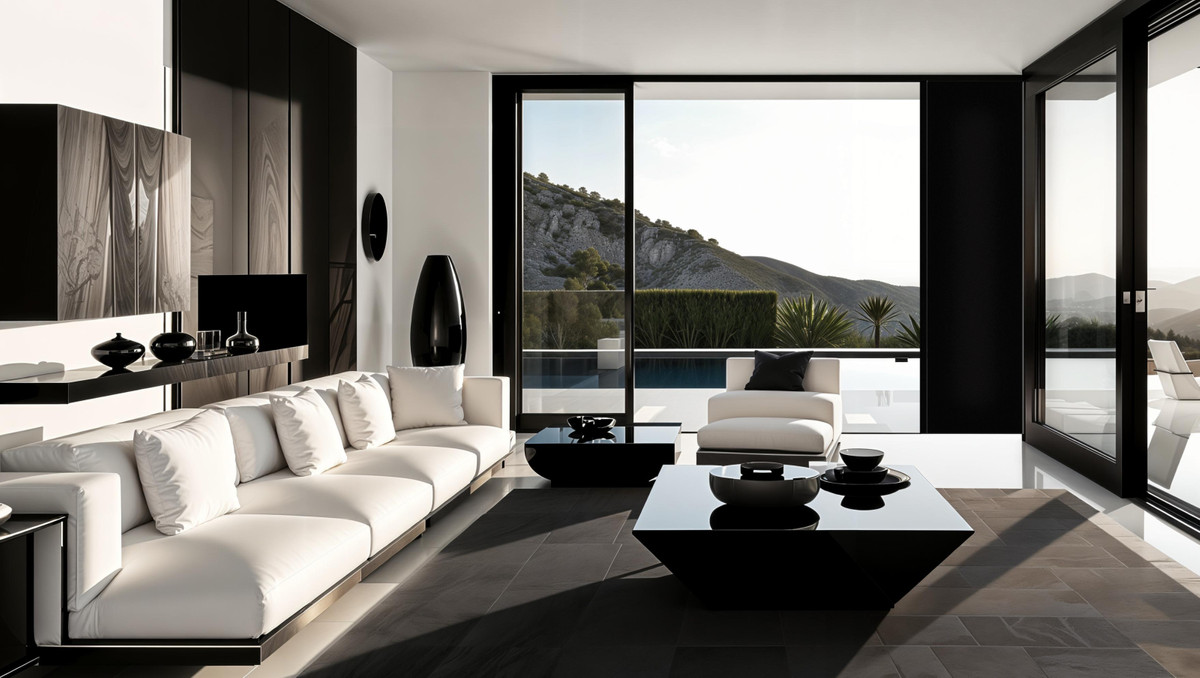 Villa Daniella – La Cala Golf - monochrome luxury living room with floor-to-ceiling windows and mountain views