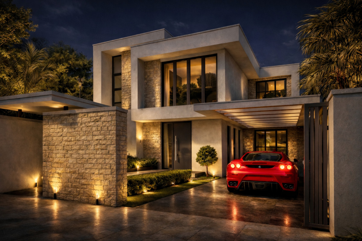 Villa Entrelagos II – La Cala Golf - luxury modern exterior facade at night with red Ferrari in carport