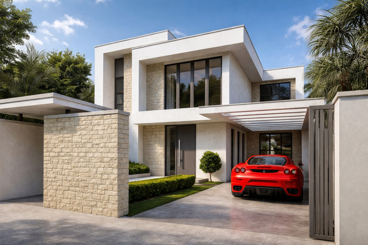 Villa Entrelagos II – La Cala Golf - modern two-storey exterior facade with red Ferrari in covered carport
