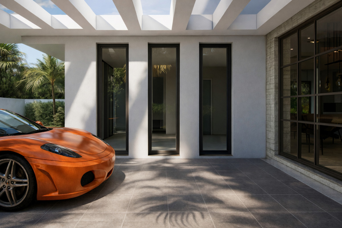 Villa Entrelagos II – La Cala Golf - covered porte-cochère entrance with orange Ferrari sports car and tall narrow windows