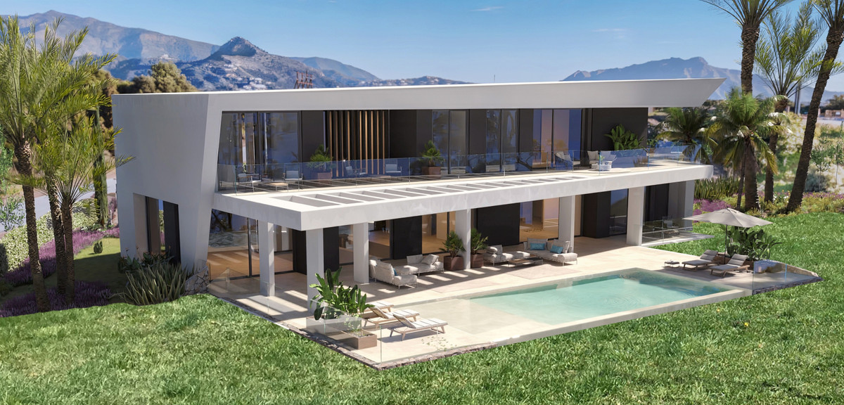 Villa Liria – Guadalmina Baja - modern two-storey villa exterior with private pool, terrace, lush gardens and mountain backdrop