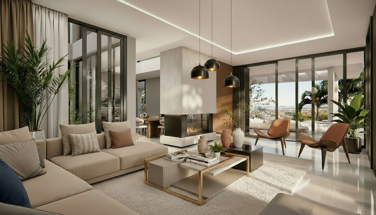 Villa Oria – Nagüeles - luxury open-plan living room with fireplace, pendant lights, and floor-to-ceiling glass doors
