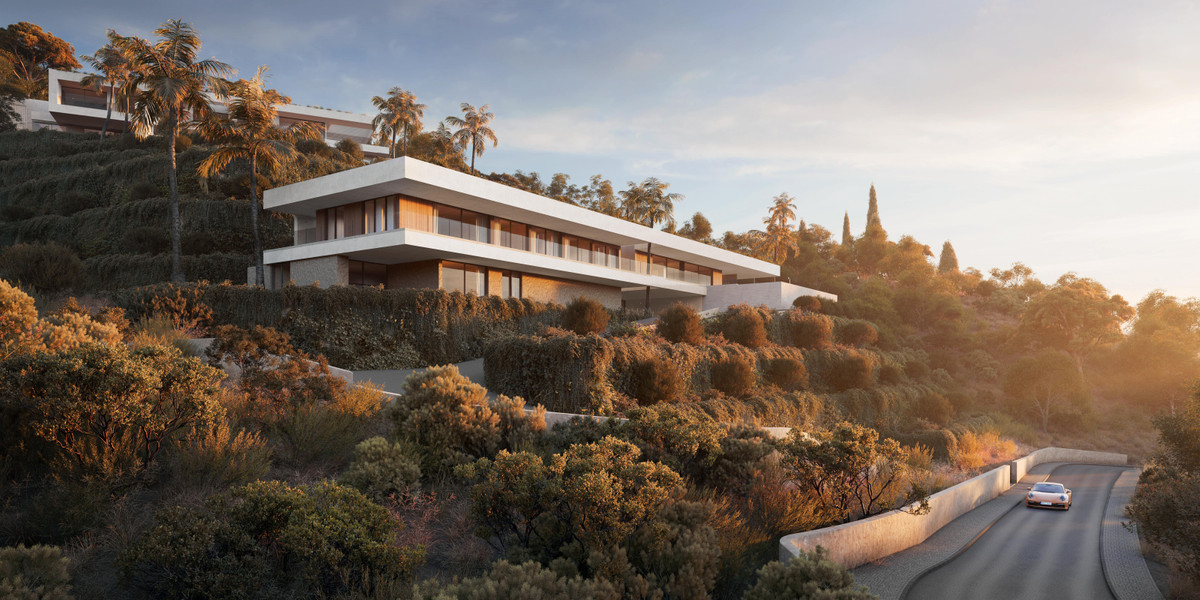 Villa Salvia – Benahavís - modern hillside luxury villa exterior with terraced gardens and golden sunset light