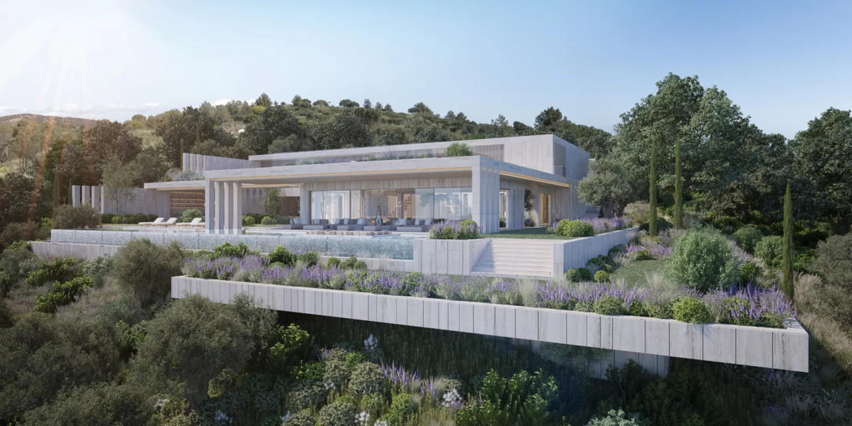 Villa Vida – the Fifteen – Sotogrande - contemporary exterior with terraced infinity pool, lavender gardens and hillside backdrop