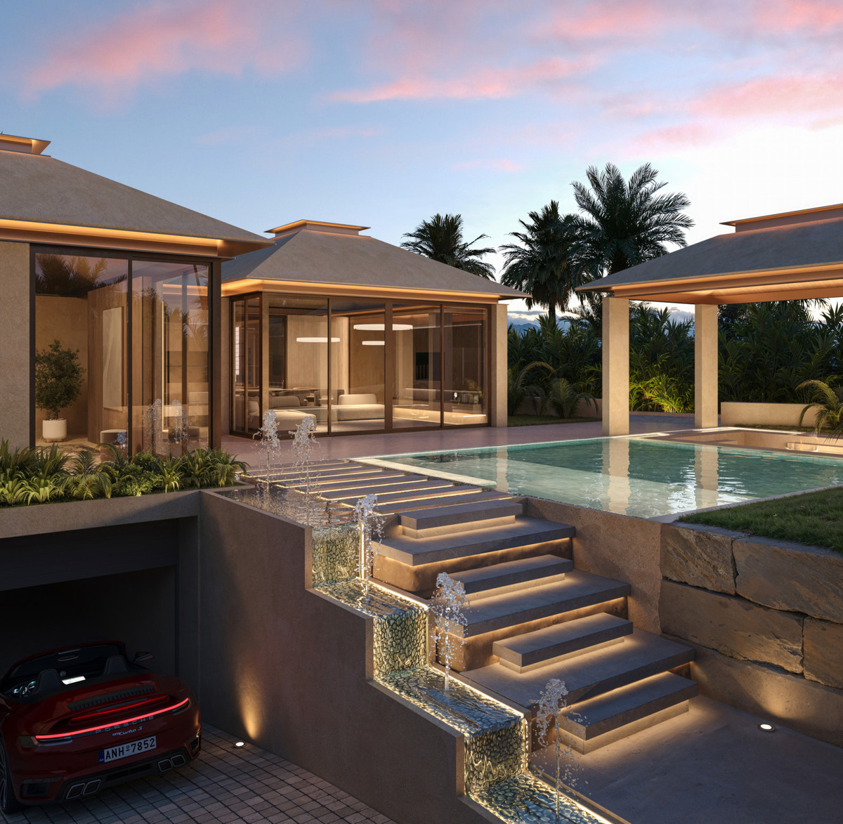 Zen – Nueva Andalucía - luxury villa exterior with illuminated cascading water staircase, infinity pool, and underground garage at dusk