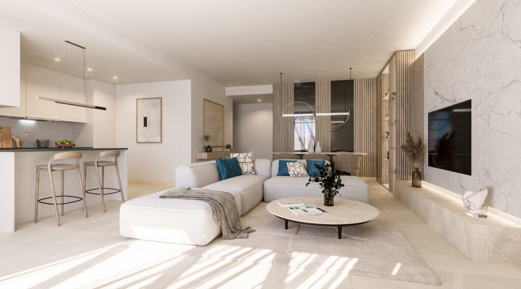 Zenith Estepona – Estepona - bright open-plan living room with white sectional sofa, marble feature wall, and kitchen island