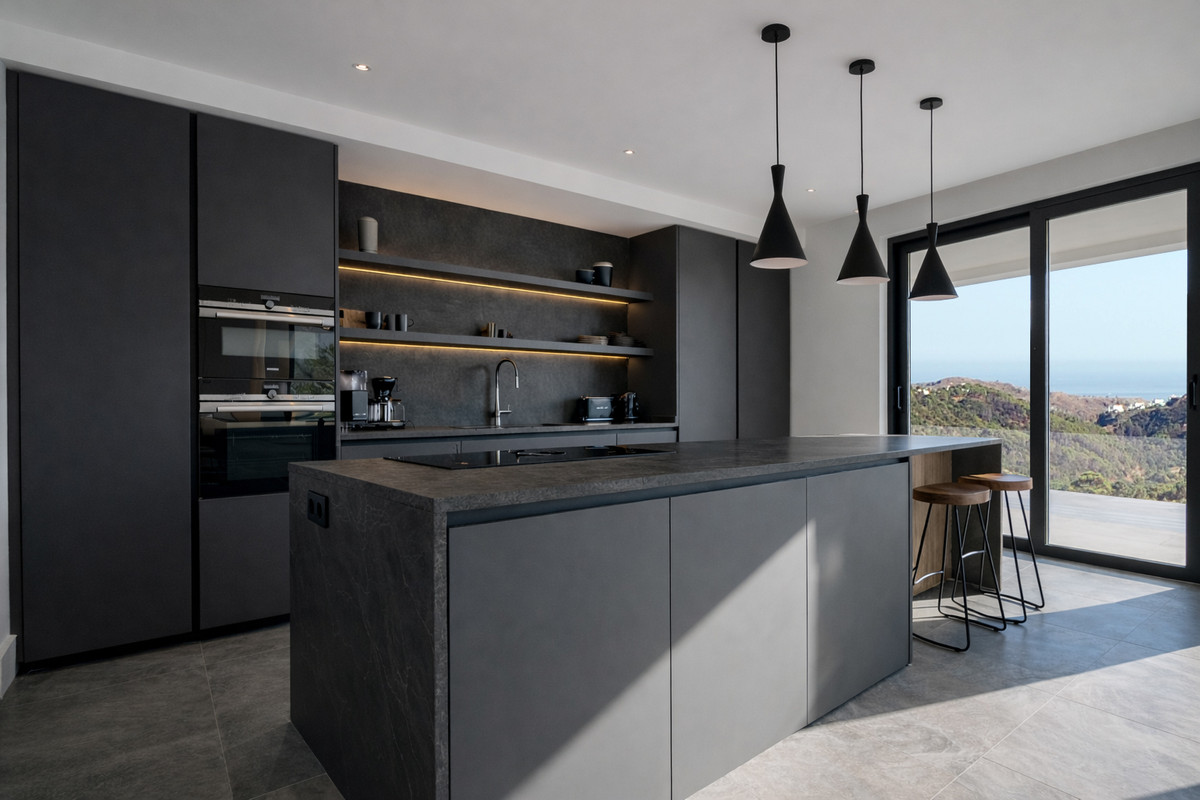 ZOE LUXE – Benahavís - sleek dark kitchen island with stone countertop, pendant lights, and panoramic hillside views